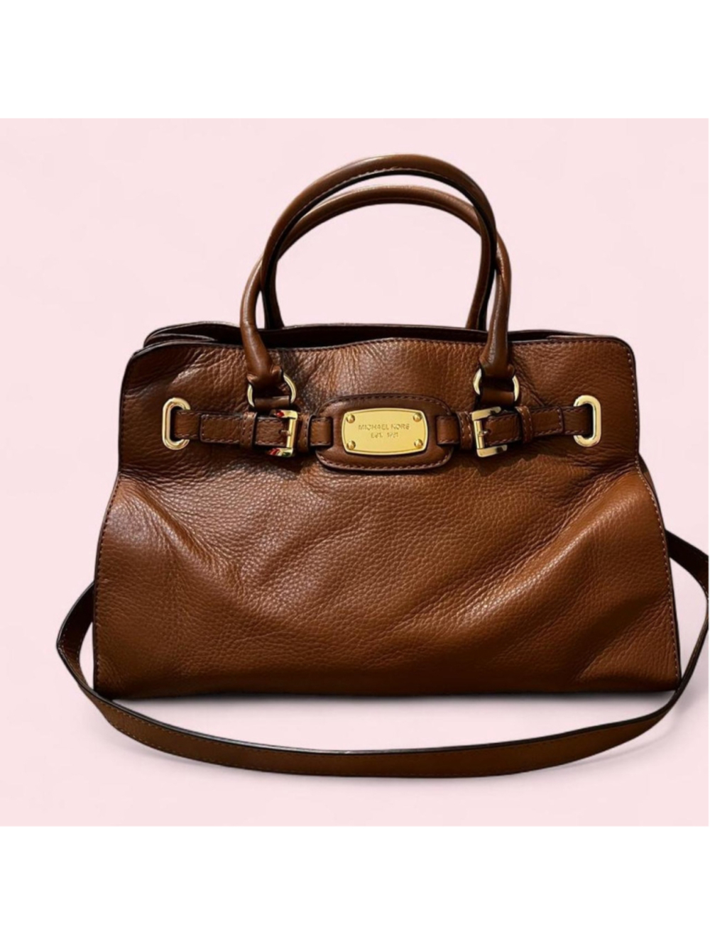 Michael Kors brown pebbled leather satchel with gold hardware and detachable cro